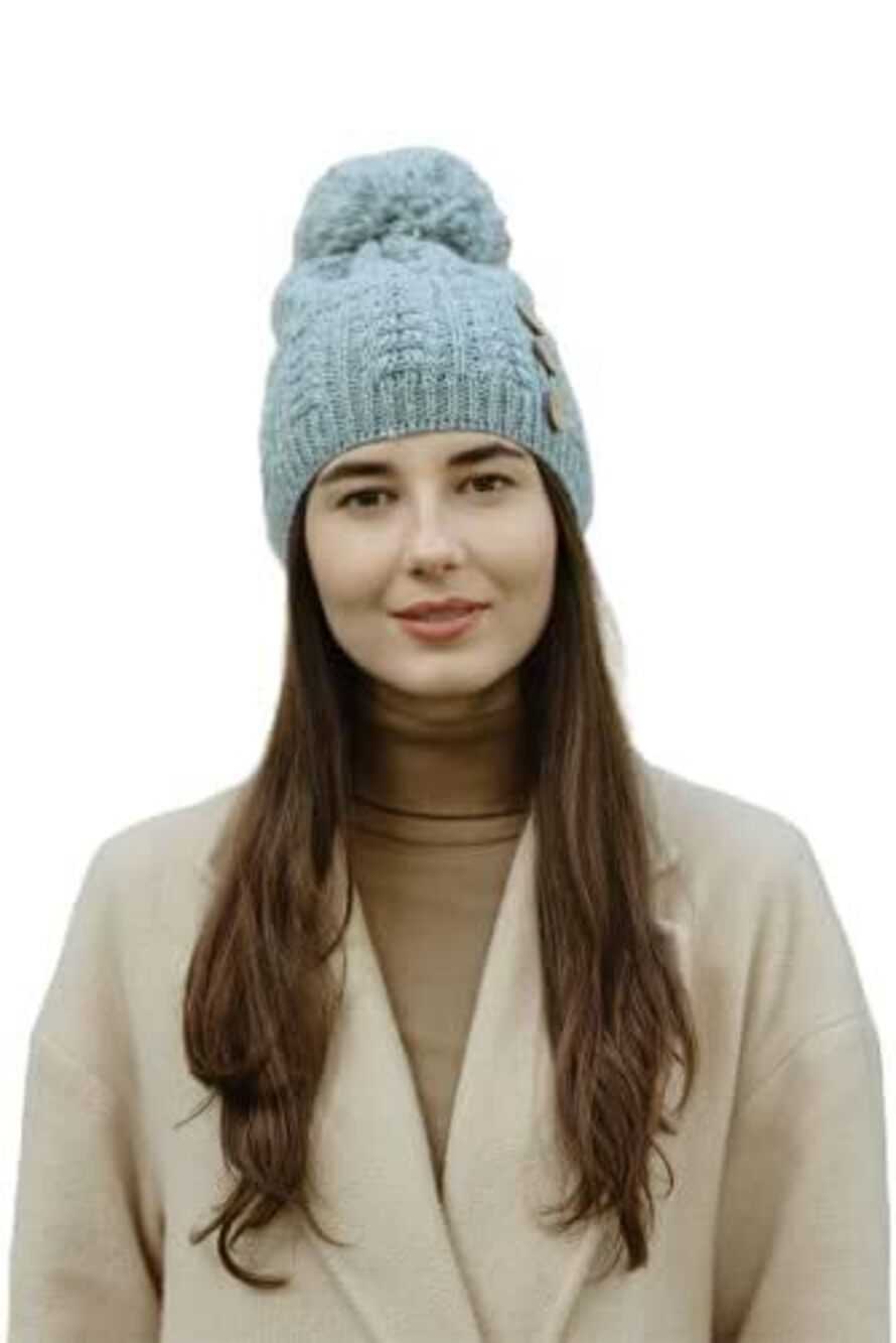 4130 100% Merino Wool Button Pom-Pom Hat Made in Ireland One Size,Grey